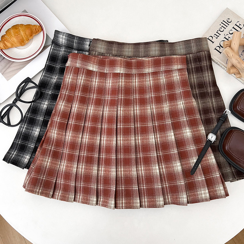 韩版时尚百搭撞色毛呢高腰显瘦半身裙防走光短裙百褶裙a字裙女