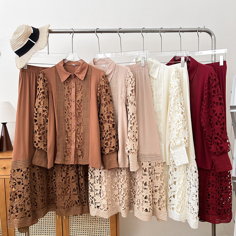 法式时尚百搭镂空蕾丝长袖衬衫上衣+高腰显瘦中长款半身裙两件套