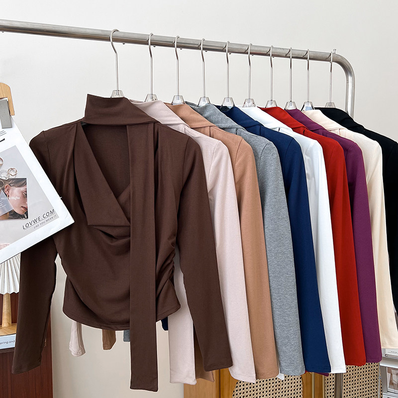 设计感时尚百搭褶皱修身显瘦长袖t恤打底衫上衣女配飘带秋冬新款,女装/女士精品,T恤,淘宝优惠券,粉丝福利购,淘宝优惠卷