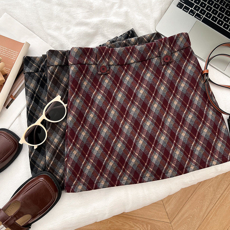 格纹撞色毛呢高腰显瘦半身裙防走光短裙包臀裙a字裙女秋冬新款