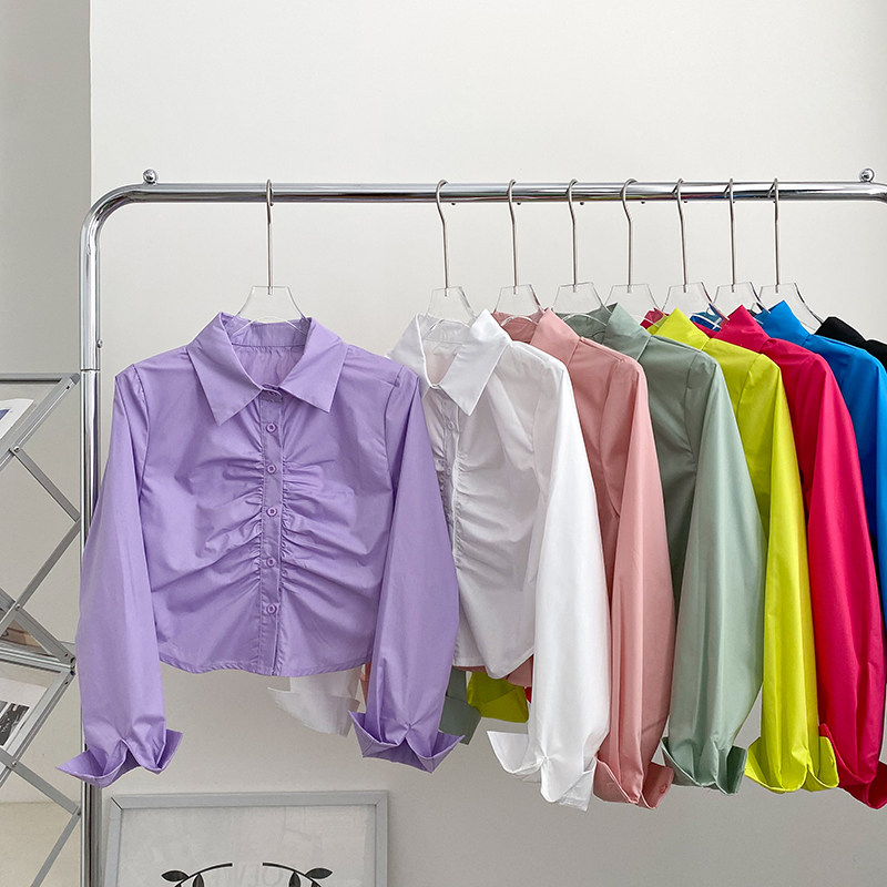 设计感小众别致时尚百搭polo领褶皱修身显瘦单排扣短款衬衫上衣女,女装/女士精品,衬衫,淘宝优惠券,粉丝福利购,淘宝优惠卷