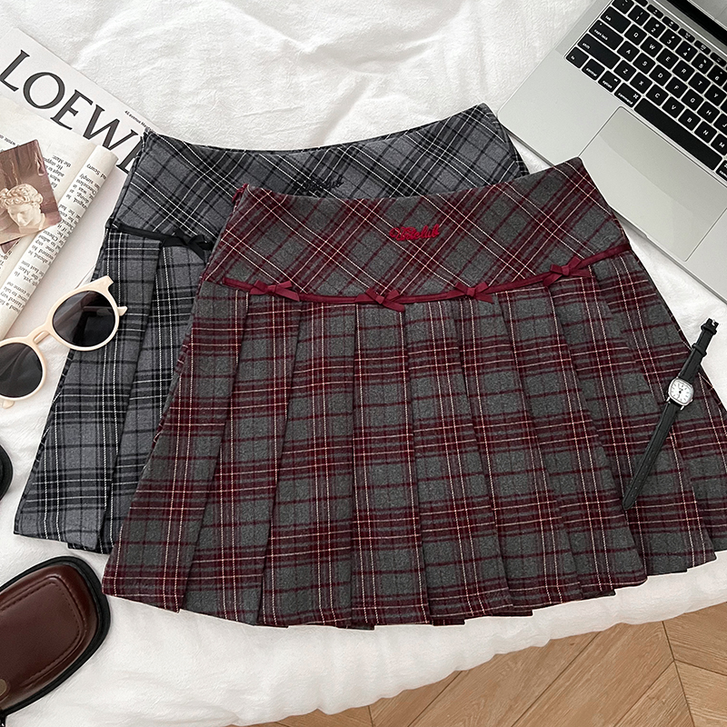 刺绣字母蝴蝶结高腰显瘦格纹毛呢半身裙百褶裙防走光短裙a字裙女