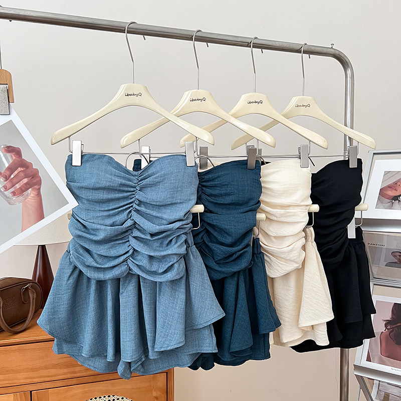 设计感褶皱修身显瘦短款抹胸背心上衣+高腰显瘦裤裙两件套女夏季,女装/女士精品,时尚套装,淘宝优惠券,粉丝福利购,淘宝优惠卷