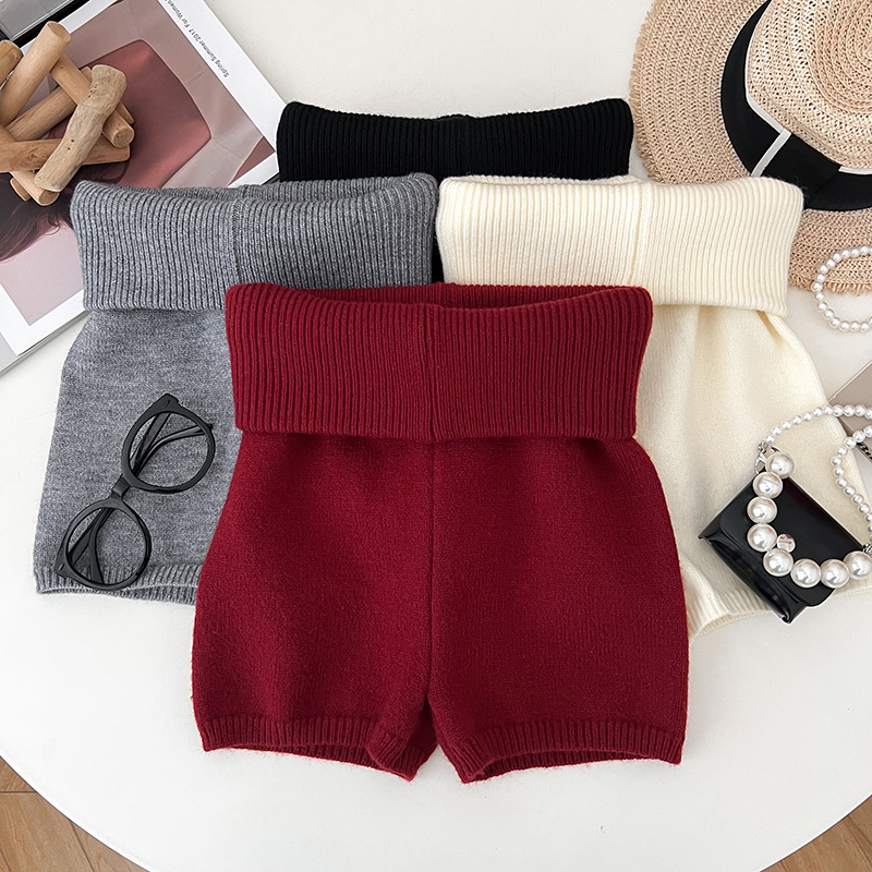 美式辣妹时尚百搭高腰卷边针织短裤休闲裤热裤打底裤紧身裤女秋冬