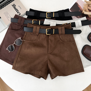 阔腿裤 设计感复古时尚 休闲裤 靴裤 女配皮带 百搭鹿皮绒高腰显瘦短裤