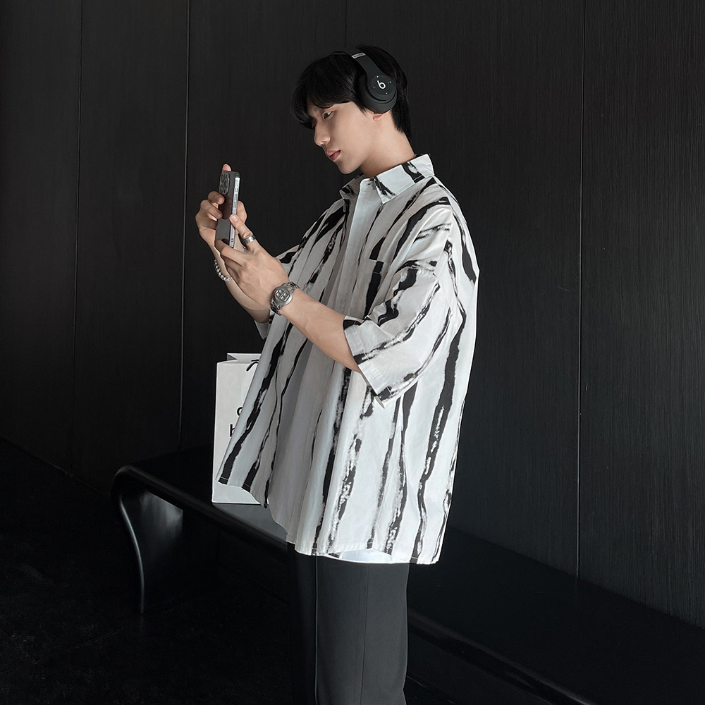 条纹衬衫男夏季潮牌ins港风印花潮流百搭宽松短袖衬衣CS208-P48图片