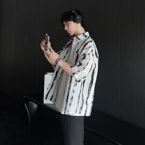 条纹衬衫男夏季潮牌ins港风印花潮流百搭宽松短袖衬衣CS208-P48图片