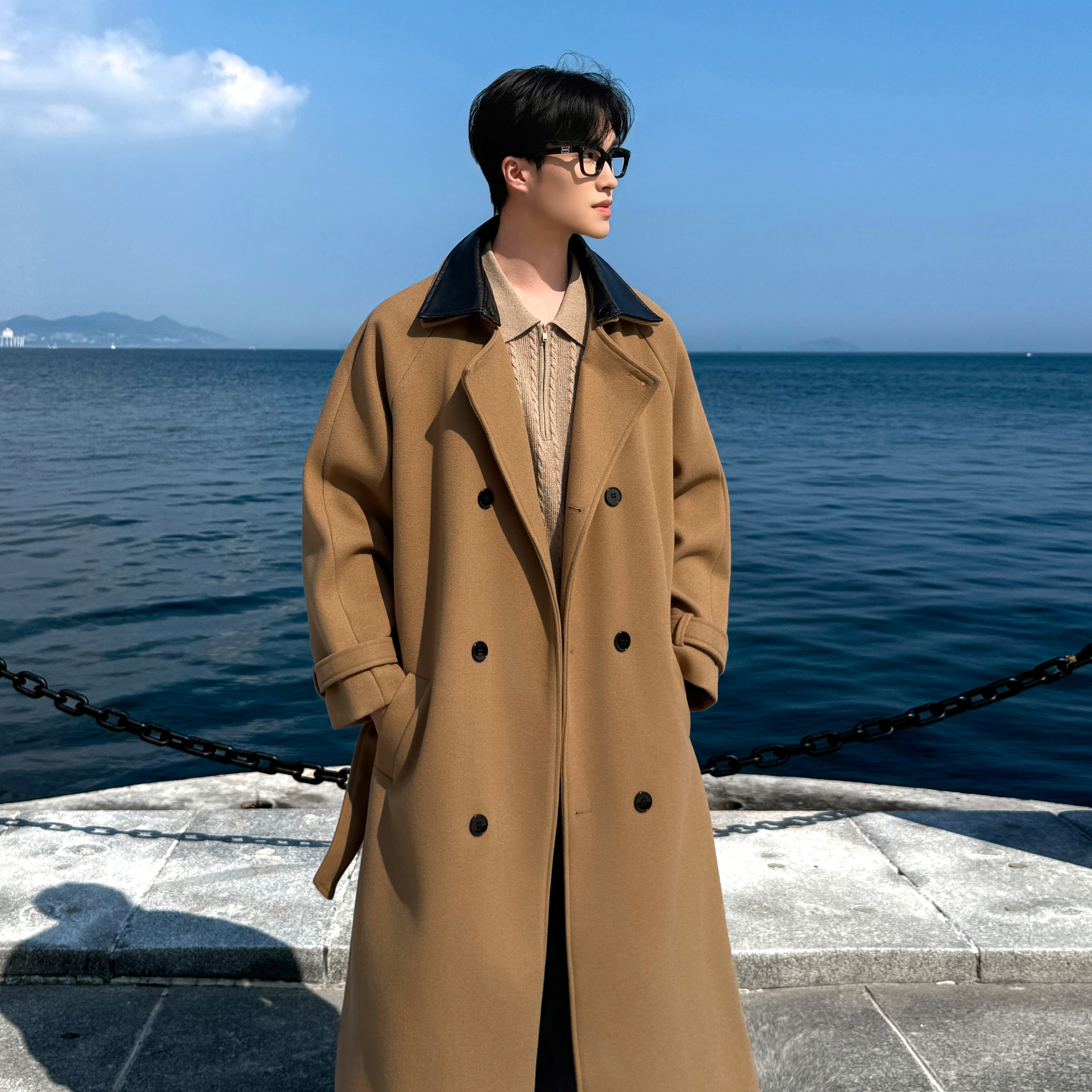 秋冬新款男士中长款风衣领子拼接过膝风衣韩版毛呢大衣F396-P138，男装风衣，电商A152