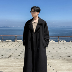 深灰色韩系正肩毛呢大衣男款秋冬季中长款高个子气质呢子风衣外套图片