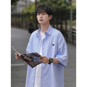相机 短袖条纹衬衫男潮ins设计感小众休闲衬衣大码M-5XL CS103图片