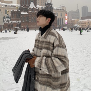 毛呢格子大衣男冬季加厚复古潮牌韩系小众呢子夹克外套F320-P118图片