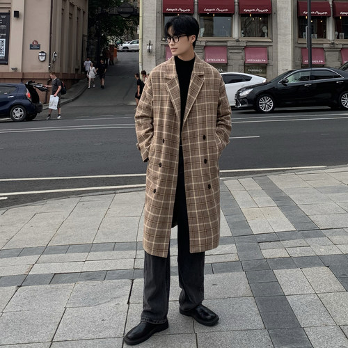直播品质 高级感男生中长款毛呢大衣格子风衣加厚韩版F362-P138