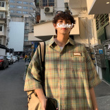 格子衬衫男短袖夏季ins港风痞帅小众日系情侣衬衣大码CS60-P45，男装T恤，电商A152