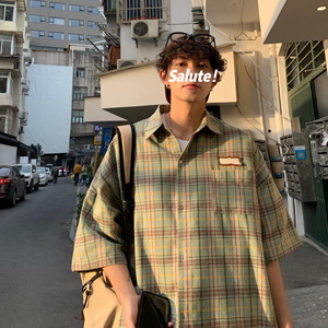 格子短袖衬衫男士夏季港风百搭上衣ins韩版潮流宽松大码CS60-P45，男装T恤，电商A152