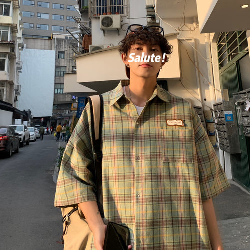 格子短袖衬衫男士夏季港风百搭上衣ins韩版潮流宽松大码CS60-P45