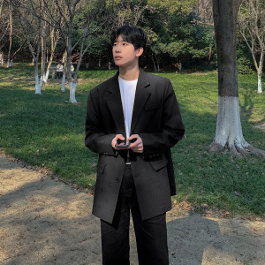 高级感西装外套男春秋垫肩oversize黑色休闲小西服F505-P110图片