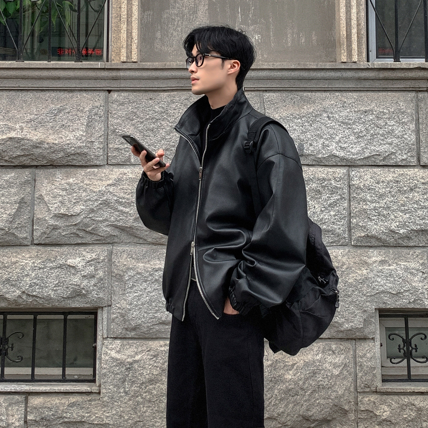 oversize秋宽松痞帅外套男美式复古炸街机车夹克皮衣PY28-P98,男装夹克,电商A152