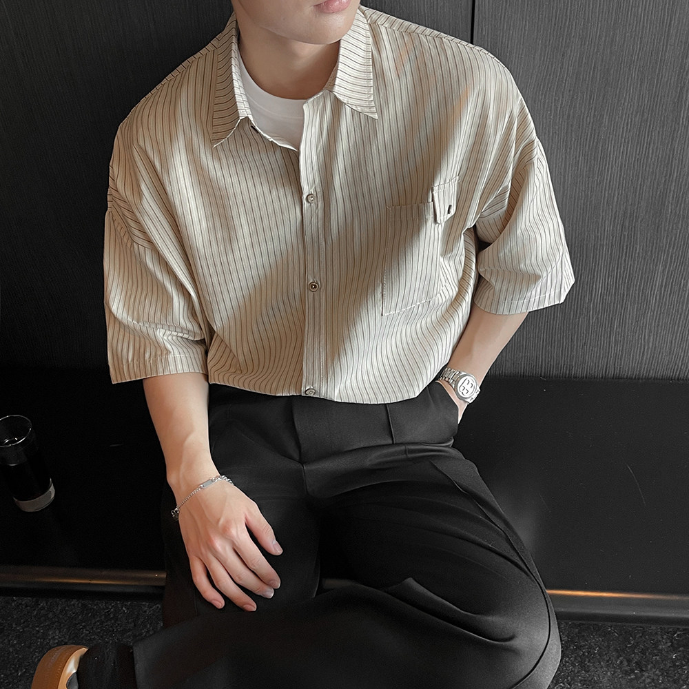 现货直播款夏季男士条纹短袖衬衫韩版港风大码衬衣CS209-P58控78,男装T恤,电商A152