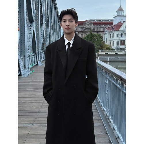 实拍 秋冬垫肩中长款毛呢大衣男加厚西装外套系带风衣F270-P128