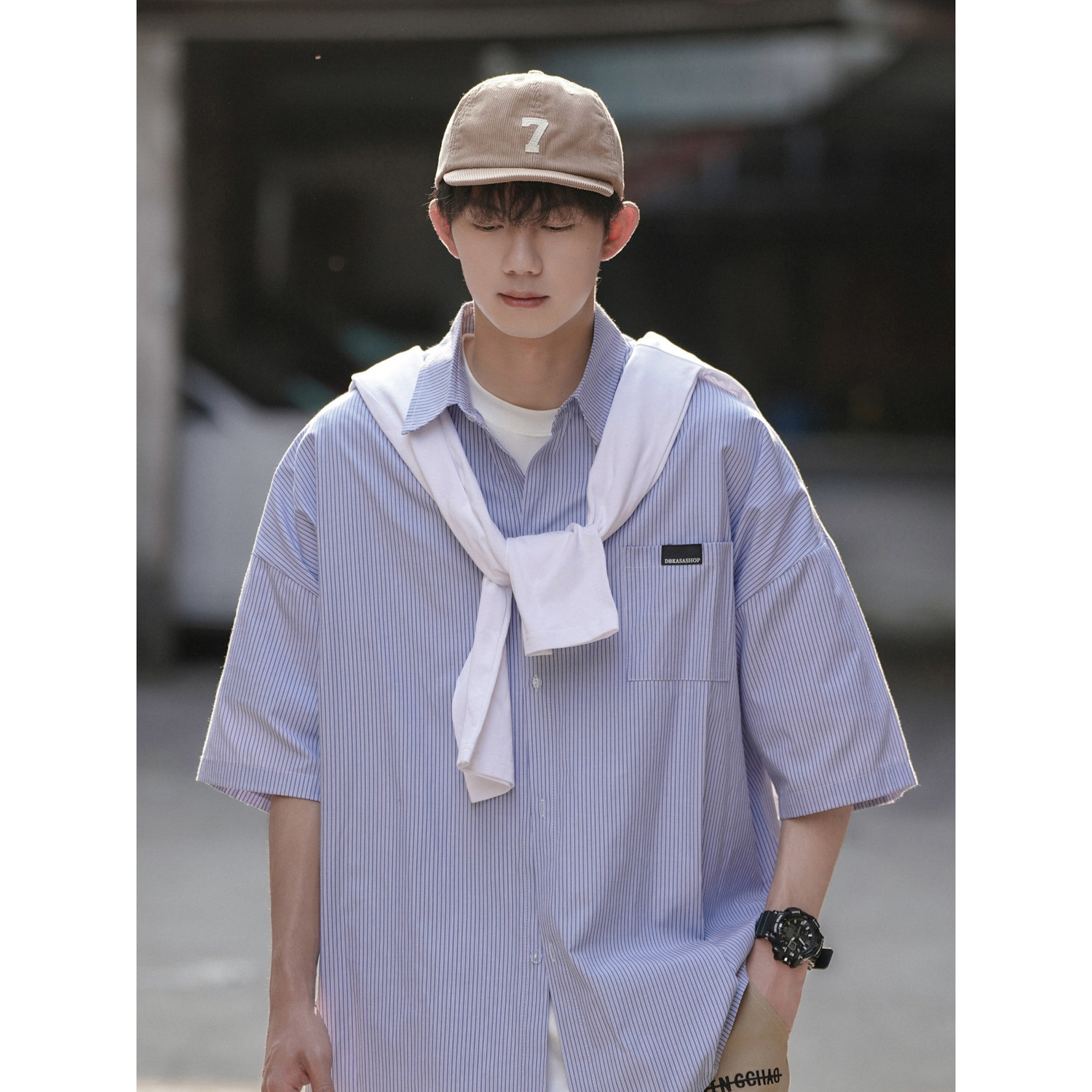 相机短袖条纹衬衫男潮ins设计感小众休闲衬衣大码M-5XLCS103，男装T恤，电商A152