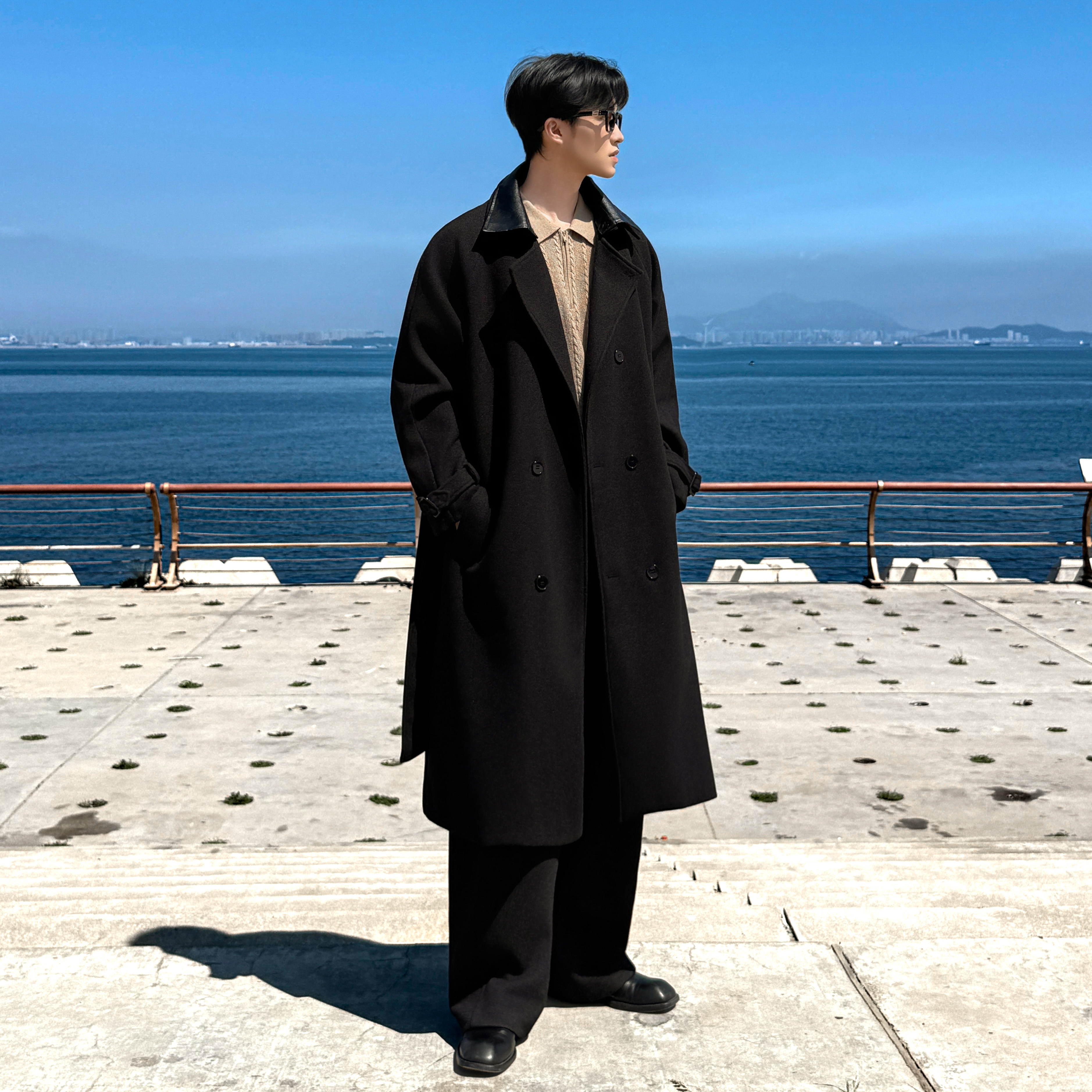 秋冬新款男士中长款风衣领子拼接过膝风衣韩版毛呢大衣F396-P138，男装风衣，电商A152