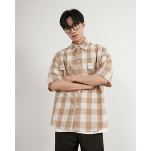 格子短袖衬衫男潮牌痞帅外套宽松百搭衬衣设计感上衣大码C27-P48图片