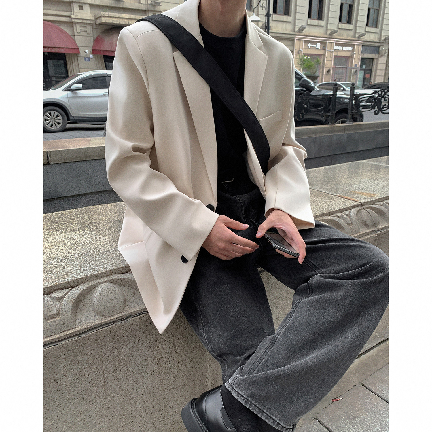 韩版高级感小西装外套黑色oversize痞帅潮男士休闲西服F523-P95，男装西服套装，电商A152