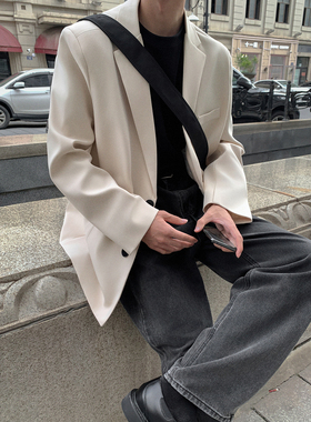 韩版高级感小西装外套黑色oversize痞帅潮男士休闲西服F523-P95