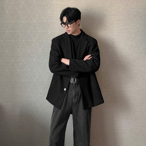 毛呢大衣男秋冬加厚小西装外套毛呢西服宽松韩版垫肩F359-P108