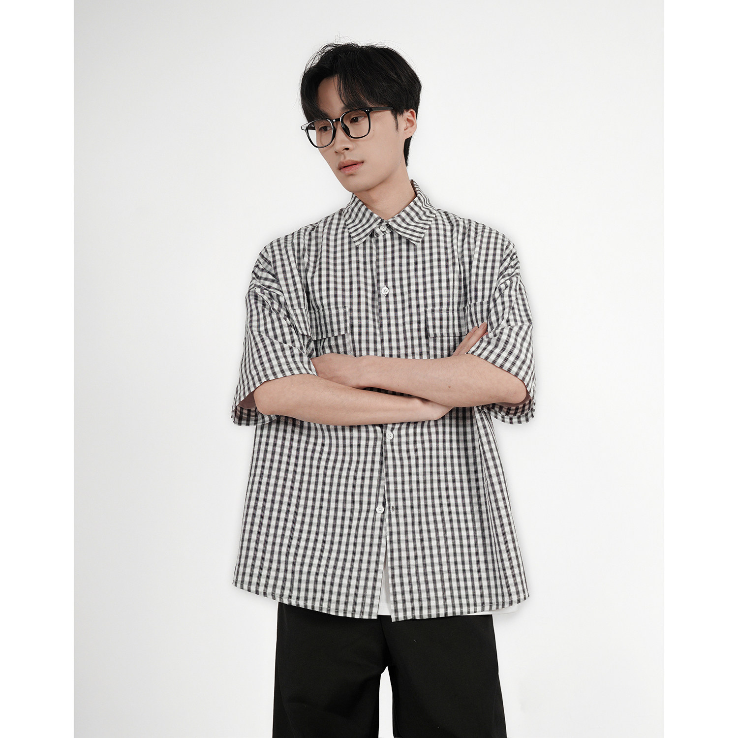 格子短袖衬衫男潮牌痞帅外套宽松百搭衬衣设计感上衣大码C26-P48,男装衬衫,电商A152