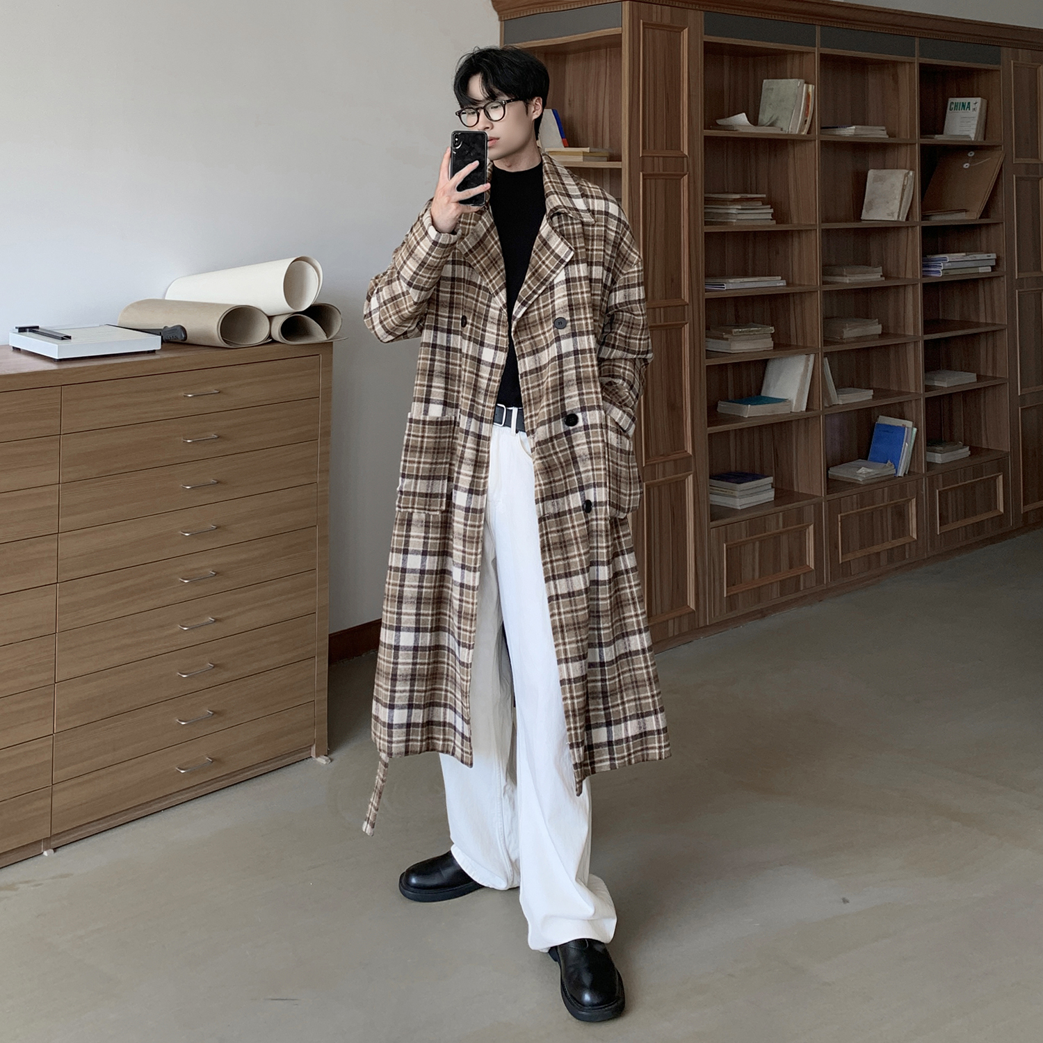 直播品质高级感男生中长款毛呢大衣格子风衣加厚韩版F363-P148，男装风衣，电商A152