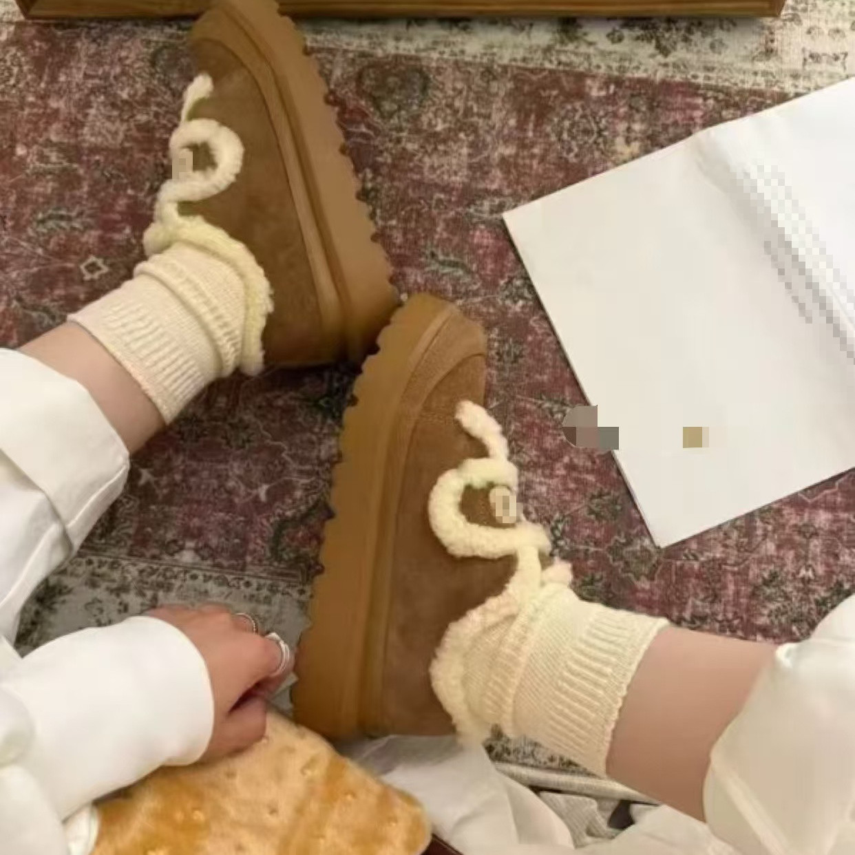 牛反毛厚底轻便保暖休闲鞋魔术贴