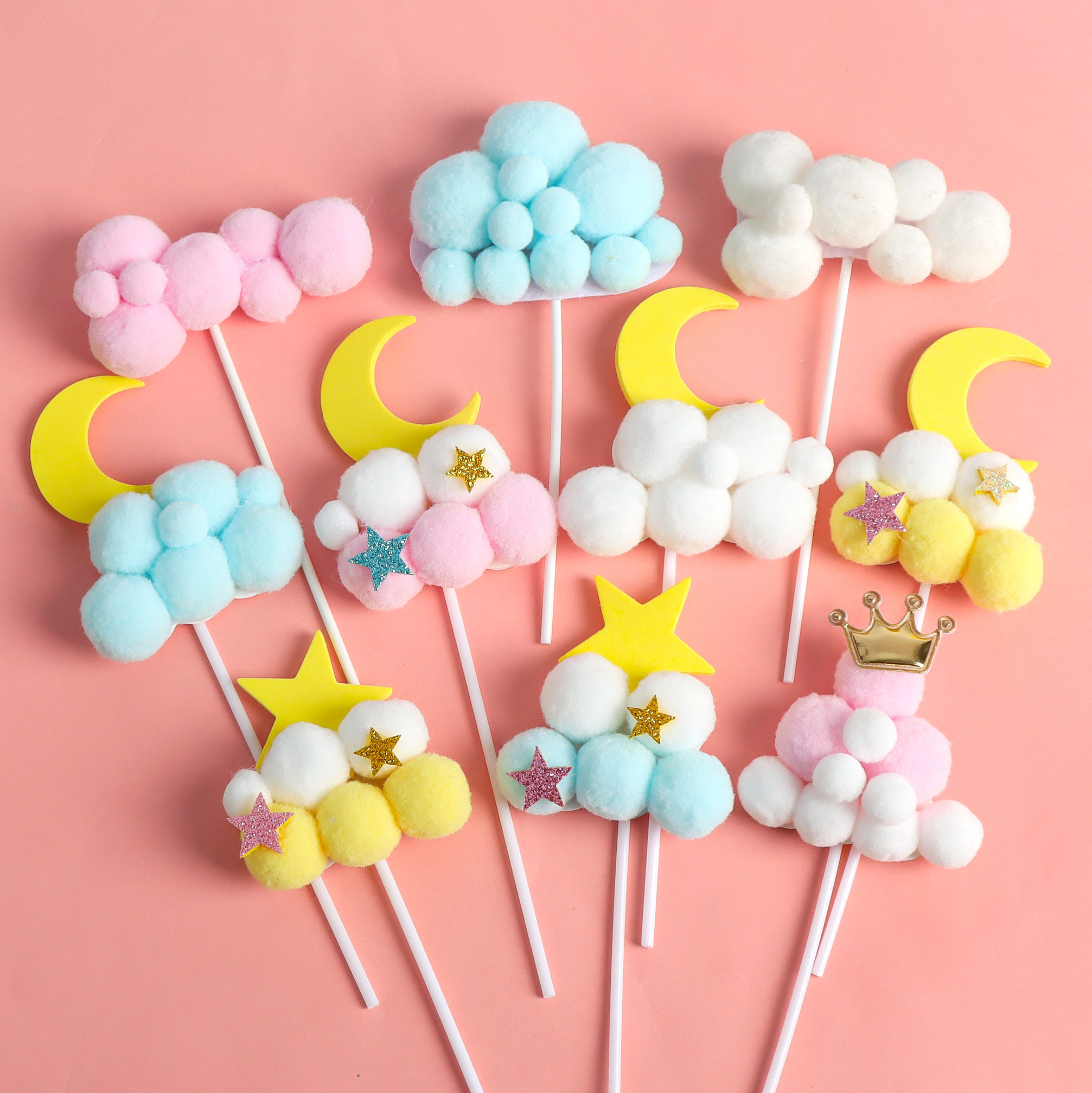 烘焙蛋糕装饰立体热气球云朵插牌毛球插件生日派对甜品台装扮插卡
