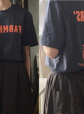 M码威尔士FARMERS'农民深铁灰海军蓝底橙色手工印花有机棉T恤