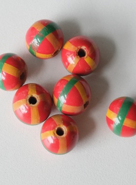 16mm一颗价德国JIM红底绿色黄色交错条纹木质串珠