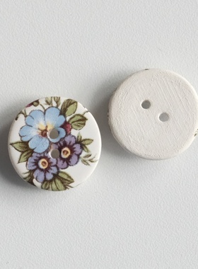 19mm一颗价英国Stockwell光亮白底蓝紫色木槿花手工陶瓷纽扣