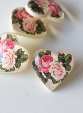 19mm一颗价德国JIM黑底粉色红色玫瑰花头图爱心形树脂纽扣