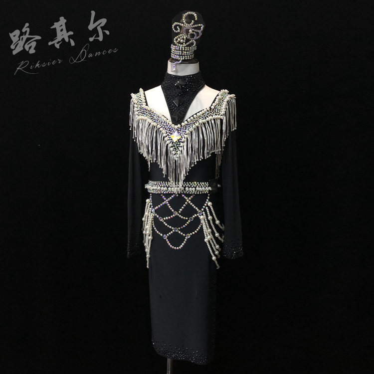 路其尔`新款拉丁舞女成人比赛服网衫手缝珠管珍珠女童舞服烫钻L88
