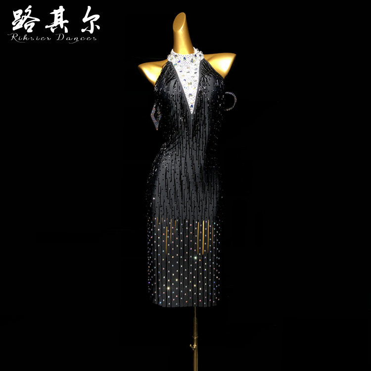 路其尔*女新款拉丁舞国标舞比赛服手缝珠管表演服装烫钻儿童定制