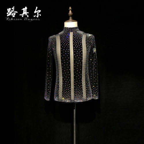 路其尔*男童拉丁舞表演服国标比赛烫钻服新款男士长袖上衣Q-21212