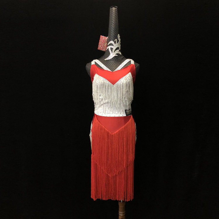 路其尔2020新款手缝珠管拉丁舞女成人比赛服流苏女童舞服手工烫钻