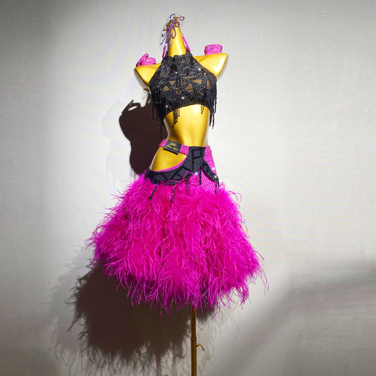 路其尔*高定新款女成人比赛服国标舞鸵鸟毛钻服拉丁舞儿童L-2458