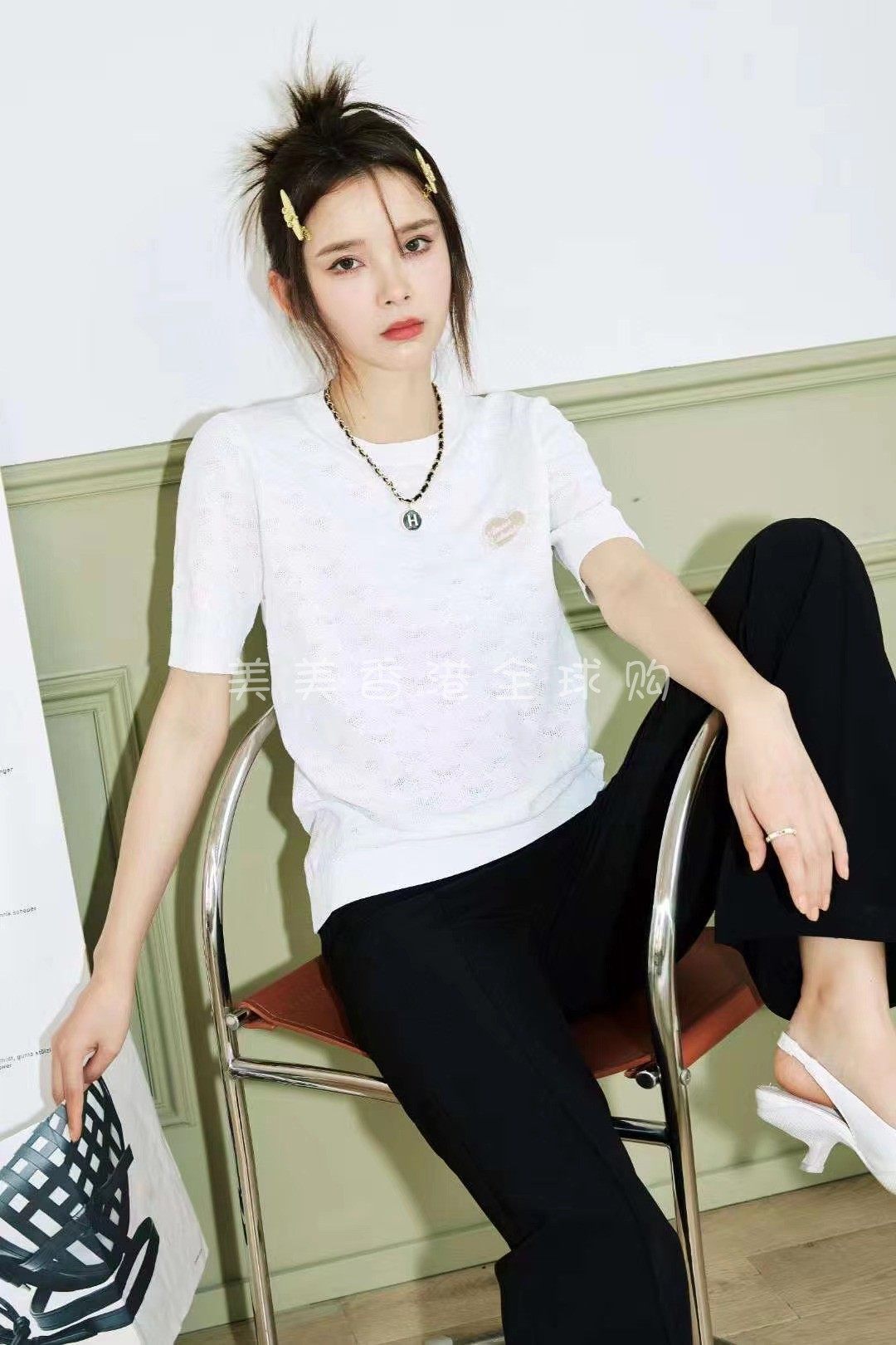 包邮 chester charles 2023年春夏 暗纹提花短袖针织衫 hanna代购