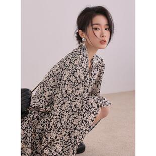 法式V领连衣裙春季雪纺印花长袖碎花裙小个子女早特