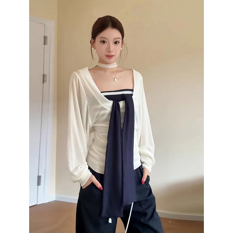 大码白色薄款长袖T恤女2026新款秋季胖MM显瘦罩衫条纹抹胸两件套