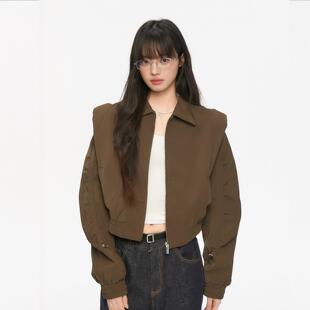 春季新款甜酷辣妹美拉德风垫肩皮夹克短款外套上衣女