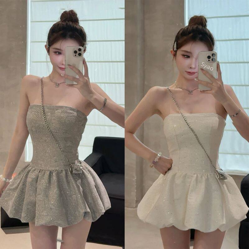 微胖甜辣妹小香风珠片抹胸连衣裙女2026年夏季约会穿搭