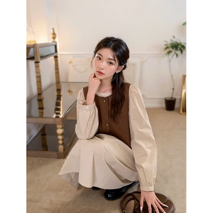 春秋连衣裙套装女森系小个子时尚少女高端长袖质感马甲两件套裙装
