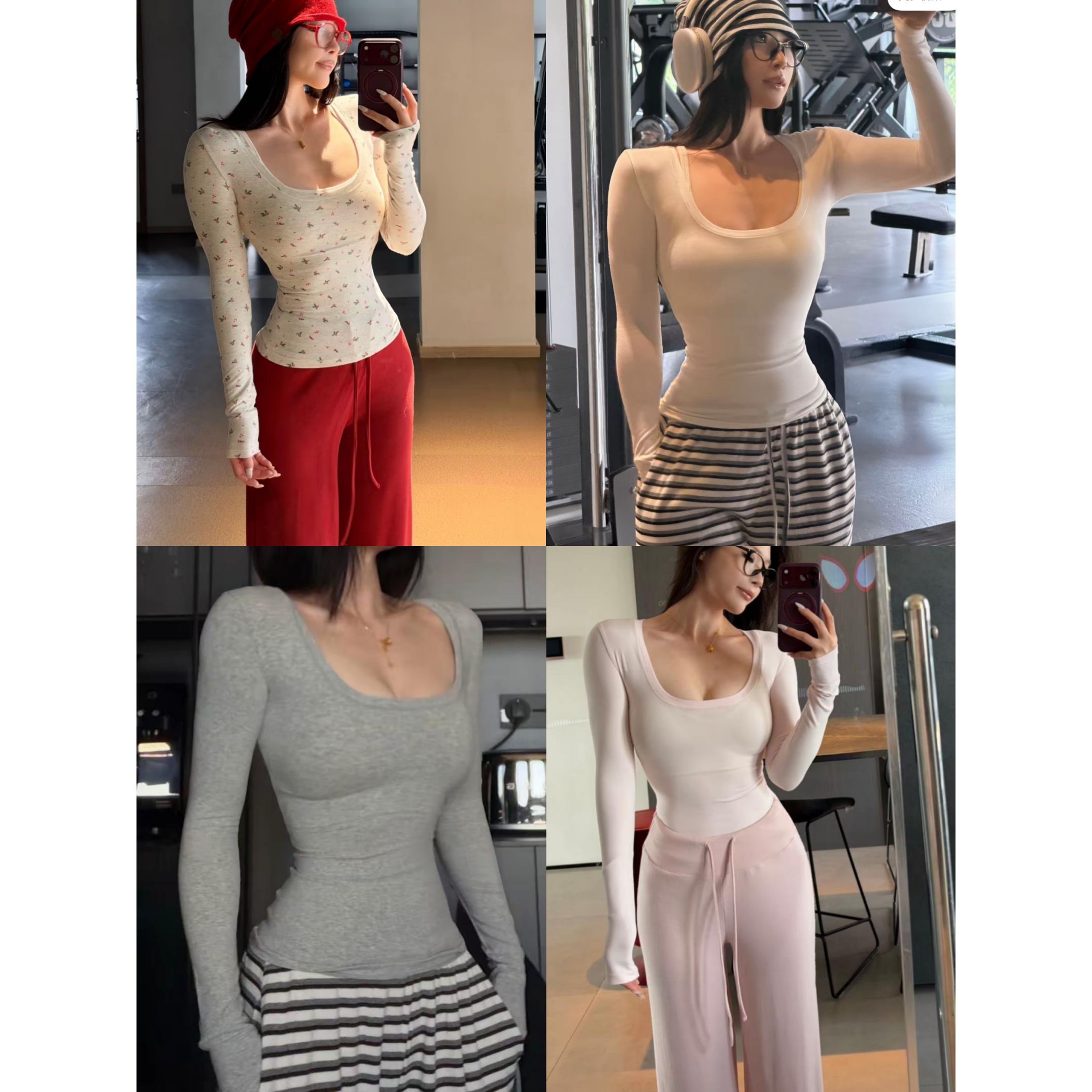 漫画胸蚂蚁腰紧身弹力掐腰长袖T恤女性感U领收腰内搭打底纯欲上衣