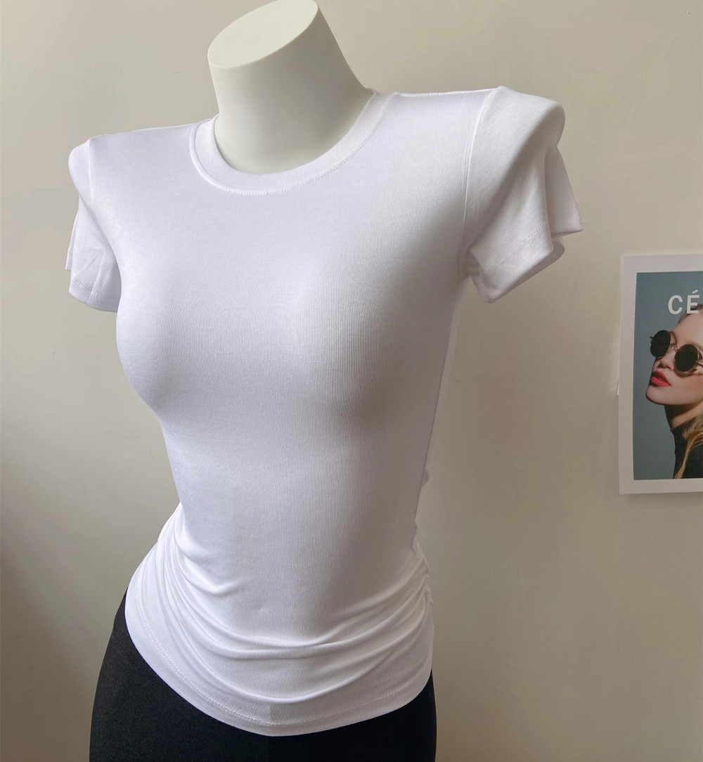 2025夏莫代尔圆领高弹显胸上衣女亲肤修身显瘦短袖T恤显身材贴身